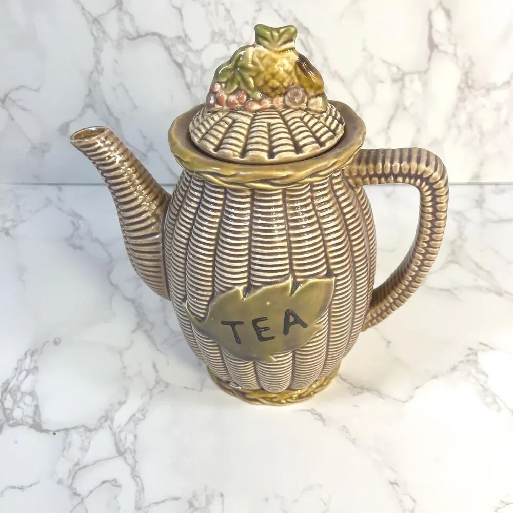 Vintage Tilso Japan Basketweave Teapot, Mid-Century Ceramic Fruit Lid, Retro